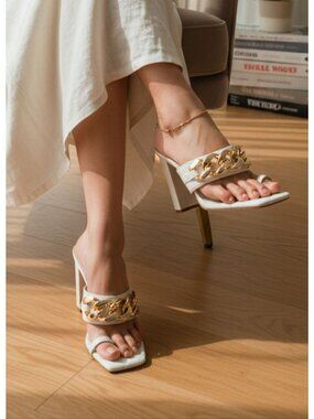Quilted Chain-Embellished High Heel White Sandals With Square Toe Design